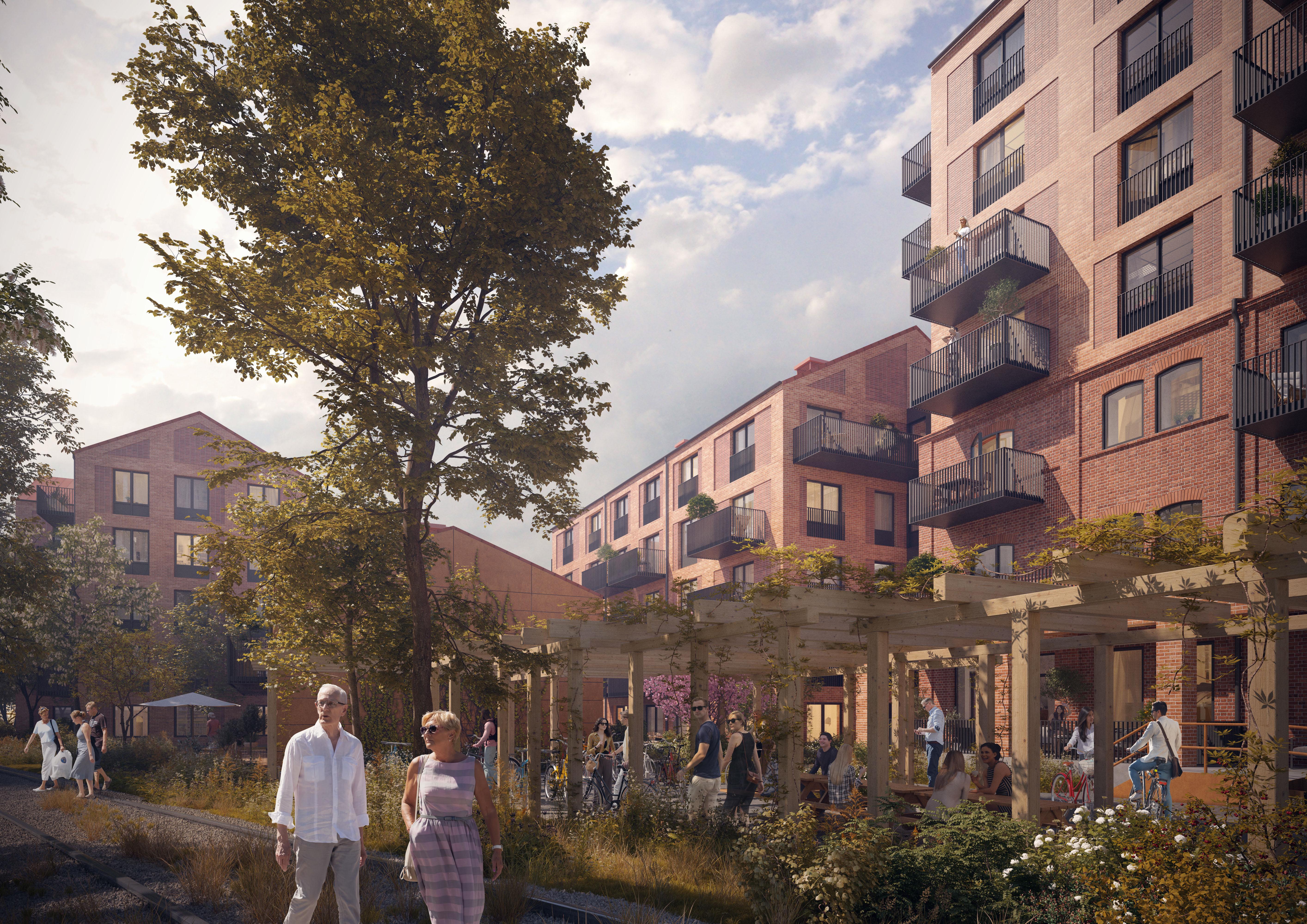 Illustration &ouml;ver det framtida spritfabriksomr&aring;det. Illustration: LINK Arkitektur.