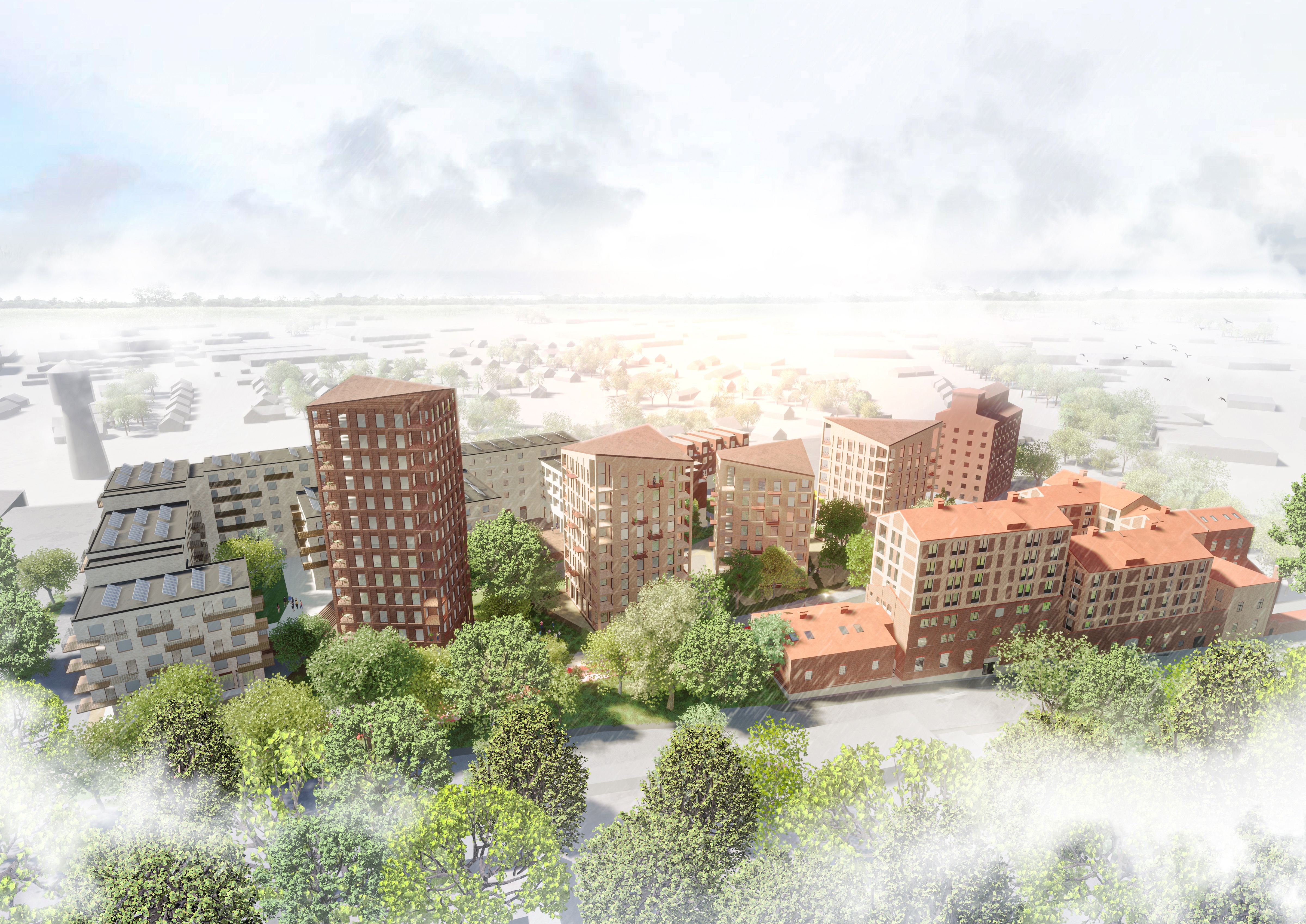 Så här skulle området norr om Spritfabriken kunna utvecklas. Observera att bilden enbart är ett exempel på hur området skulle kunna utformas. Illustrationsskiss: Kamikaze arkitekter.