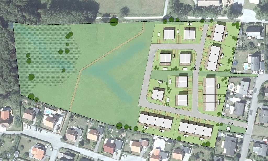 Utformningsförslag med bebyggelse som går att uppföra enligt föreslagen detaljplan.