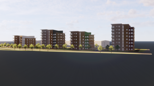Fyra nya bostadshus, totalt 150 lägenheter på Sallerup i Eslöv