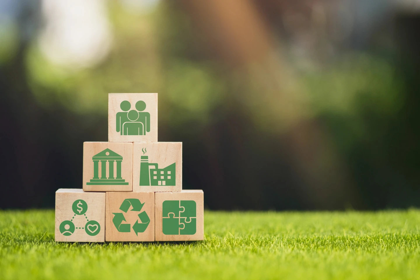 Wooden cube block with ESG icon with copy space, social and corporate governance concept. ESG modernization development by using the technology of renewable resources to reduce pollution and carbon emission.