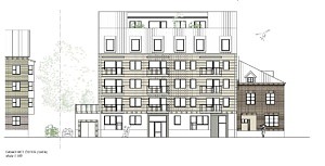 Bildtext: Fasadritning som visar hur fasaden mot Kvarngatan kan komma att se ut.