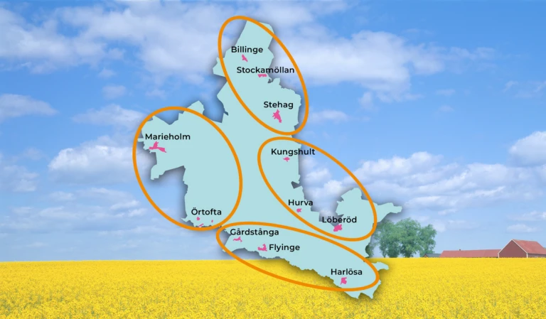 Karta över Eslövs kommun med de olika ansökningsområdena inringade